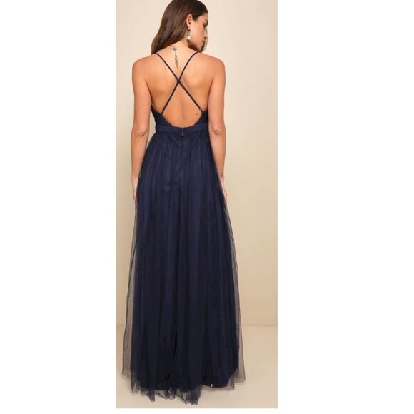 Lulus Rare Beauty Navy Blue Tulle X Back Maxi Dress by Lulus NWOT - Picture 4 of 7